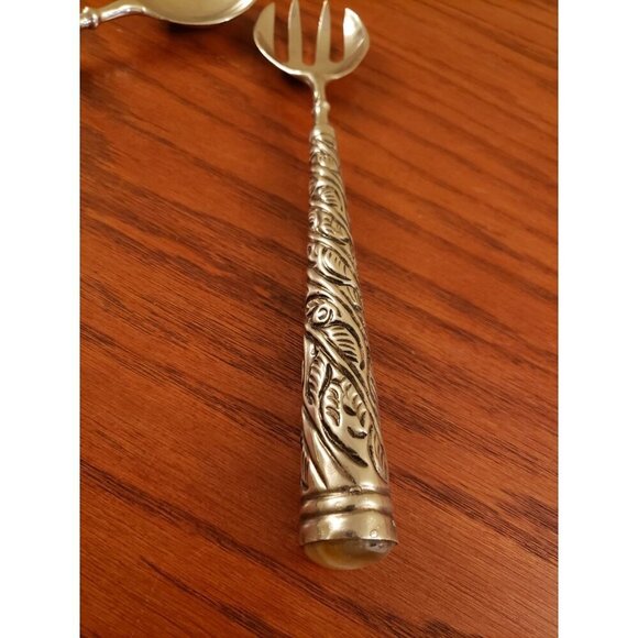 Salad Spoon and Fork Set Silver Tone Ornate Vintage with Marble Stone Ends - Picture 3 of 6